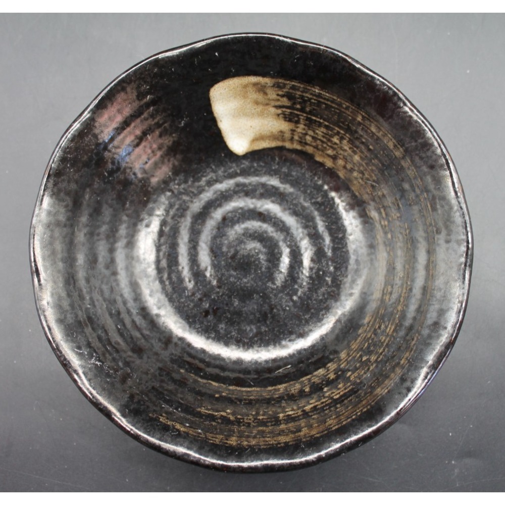 Wabi Sabi Style Stoneware Bowl Black Brown Reactive Glaze Organic Shape 6.75"